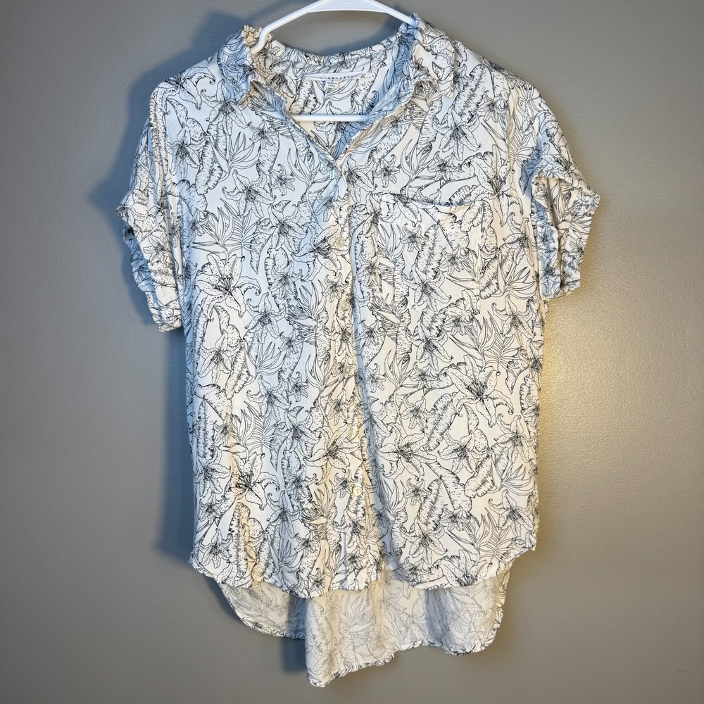 Jane + Delancey White Black Floral Print Button Front Blouse Size Small Rayon